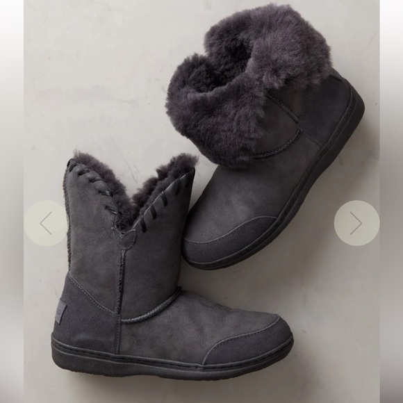 Overland Lindsey Sheepskin Slipper Boots Gray Suede